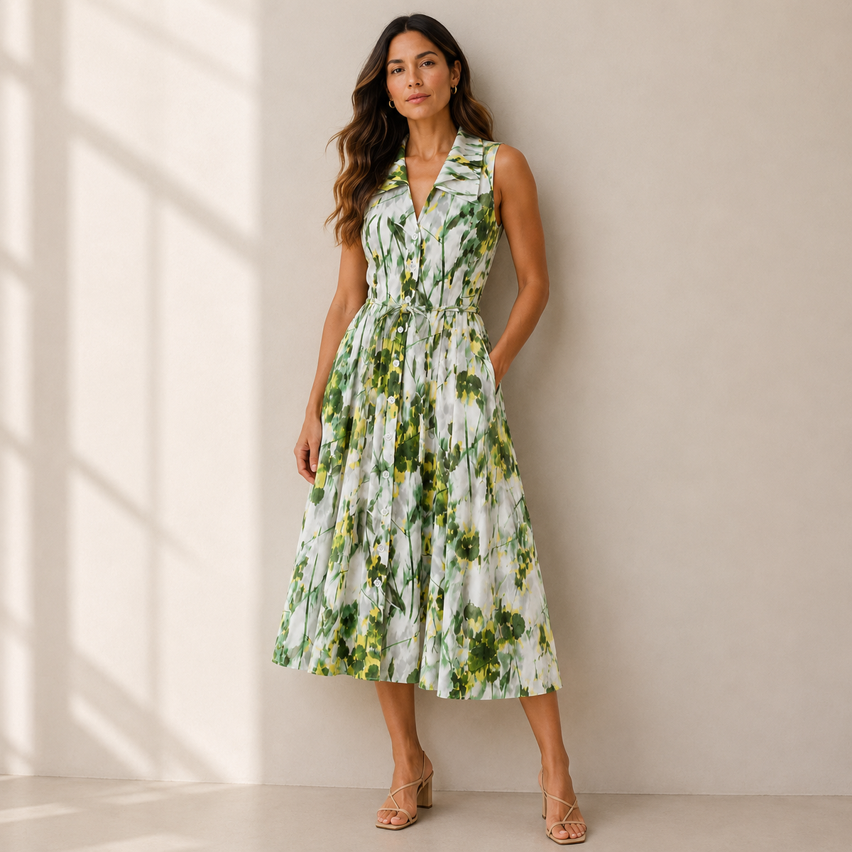 Olea | Vestido Midi Estampado Floral con Botones Frontales para Dama