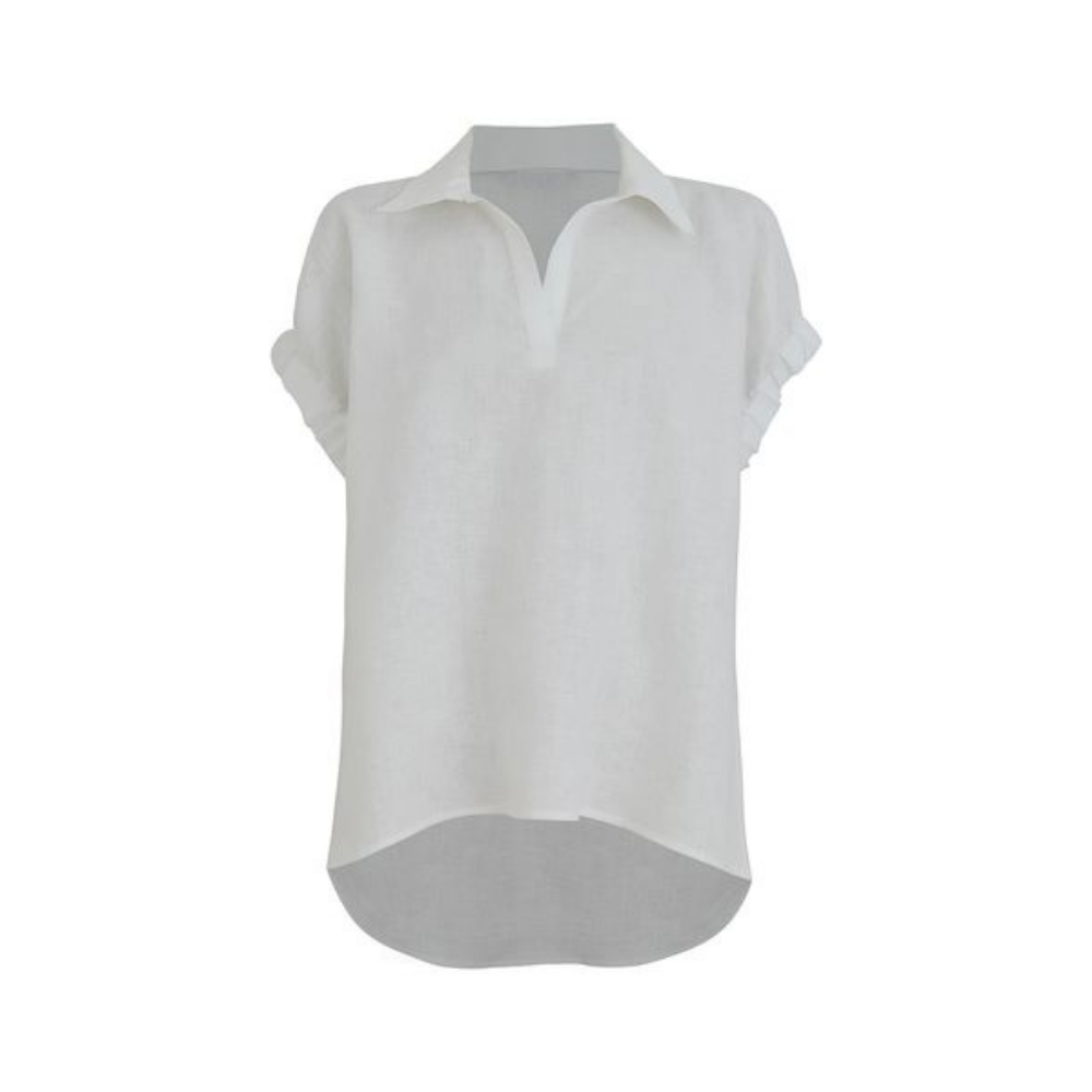 Blusa Janine cuello camisero escote en V - vista frontal natural manga corta recogida