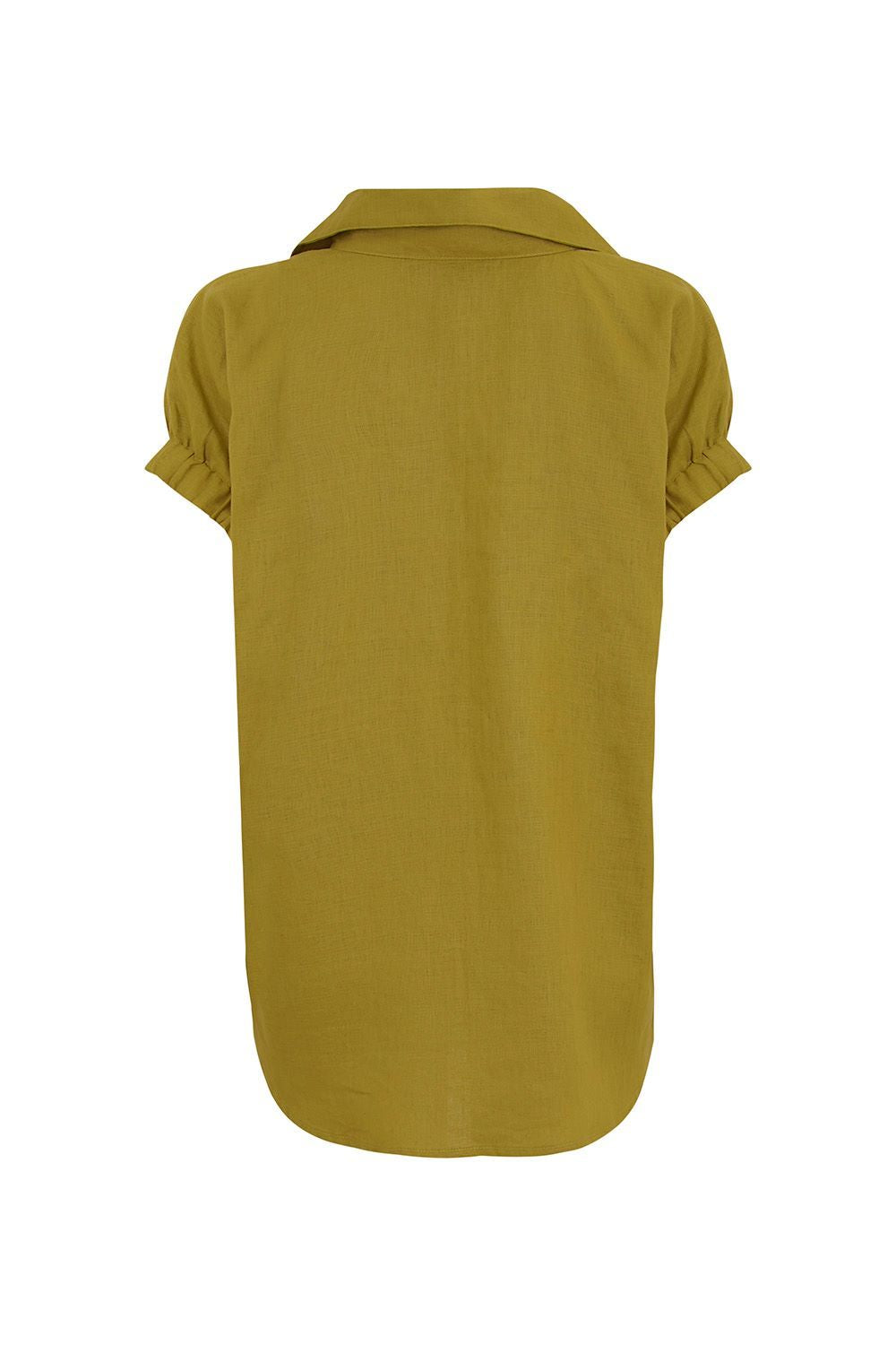 Blusa Janine cuello camisero escote en V - vista posterior pistacho ruedo largo trasero