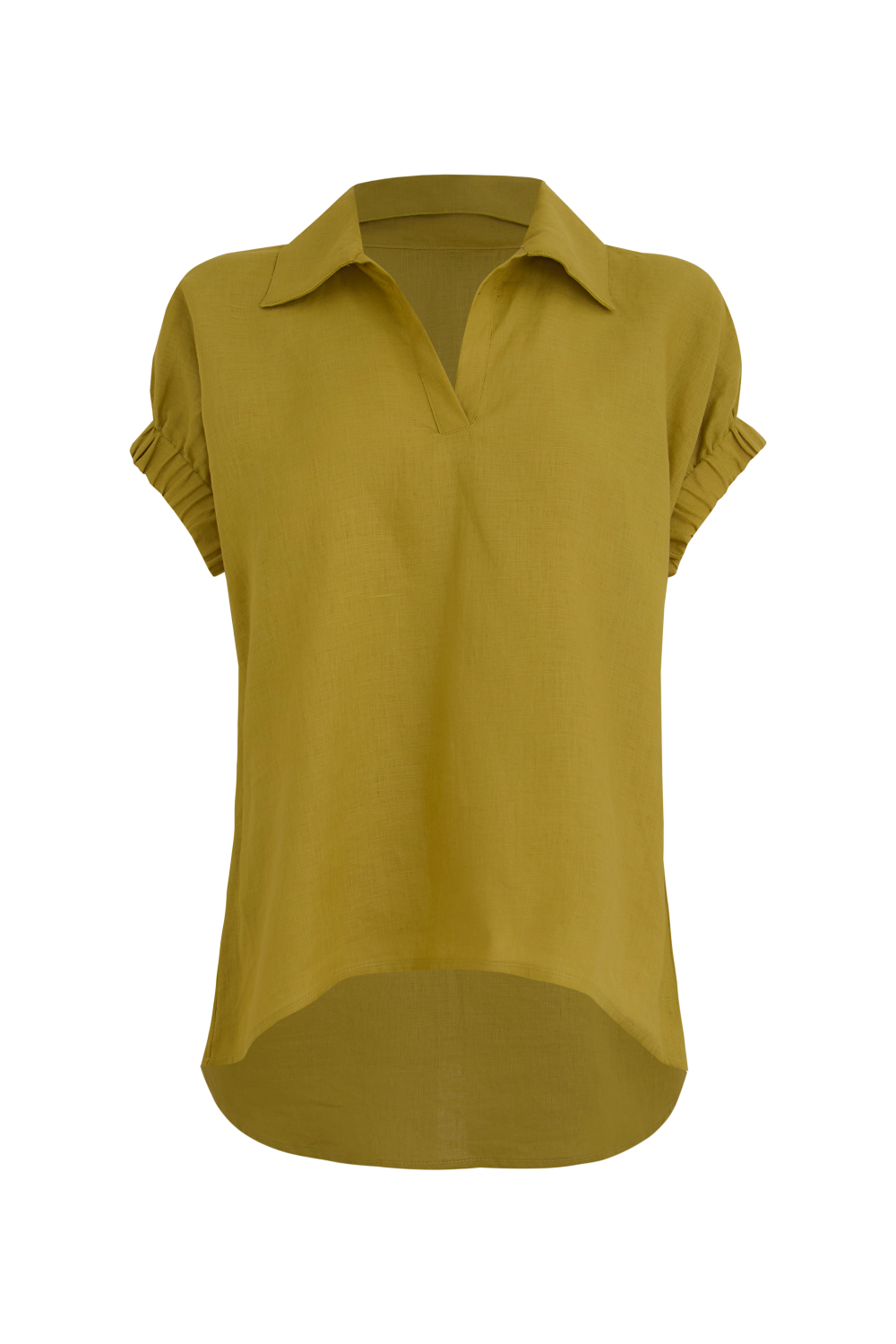 Blusa Janine cuello camisero escote en V - vista lateral pistacho detalle manga recogida