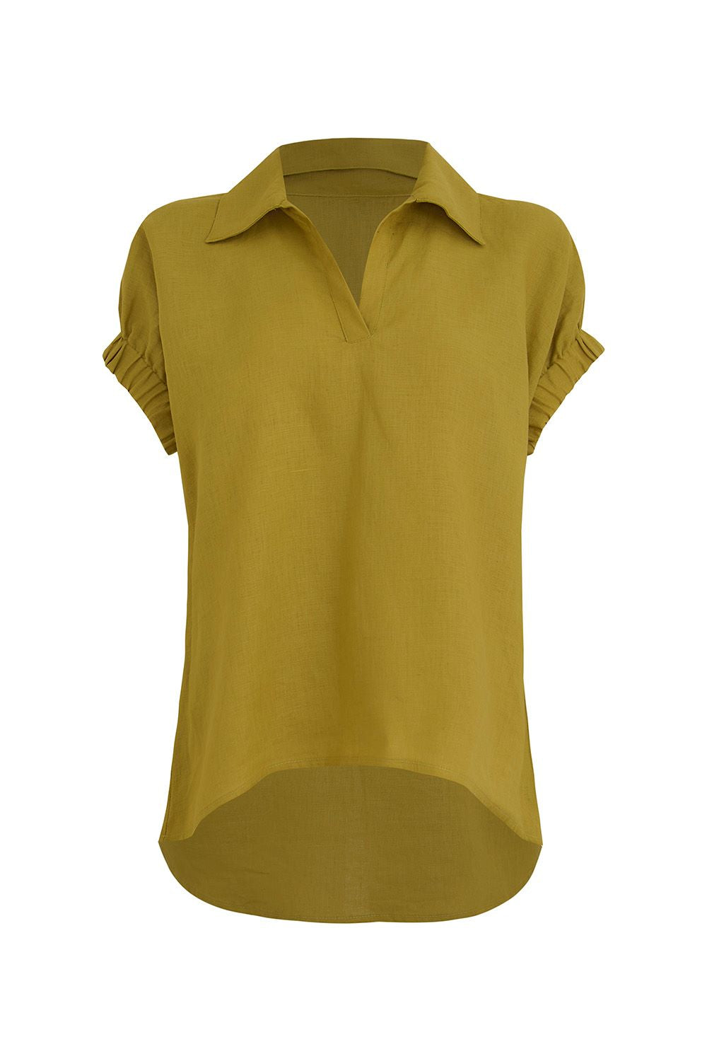 Blusa Janine cuello camisero escote en V - vista frontal pistacho manga recogida ruedo largo