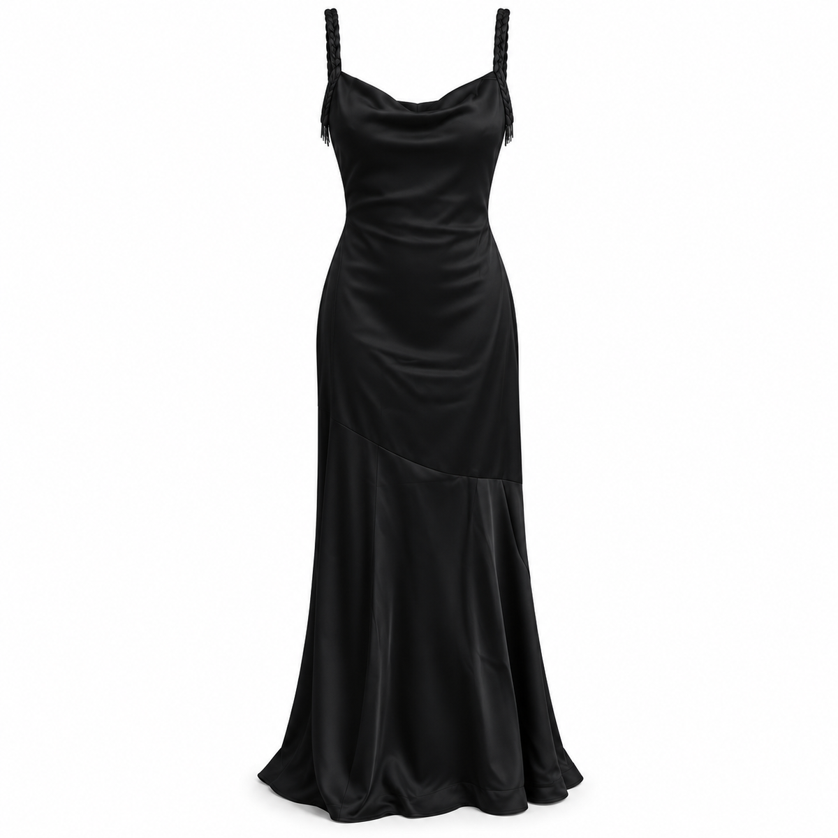 Olea | Vestido Largo Negro con Escote Drapeado para Dama
