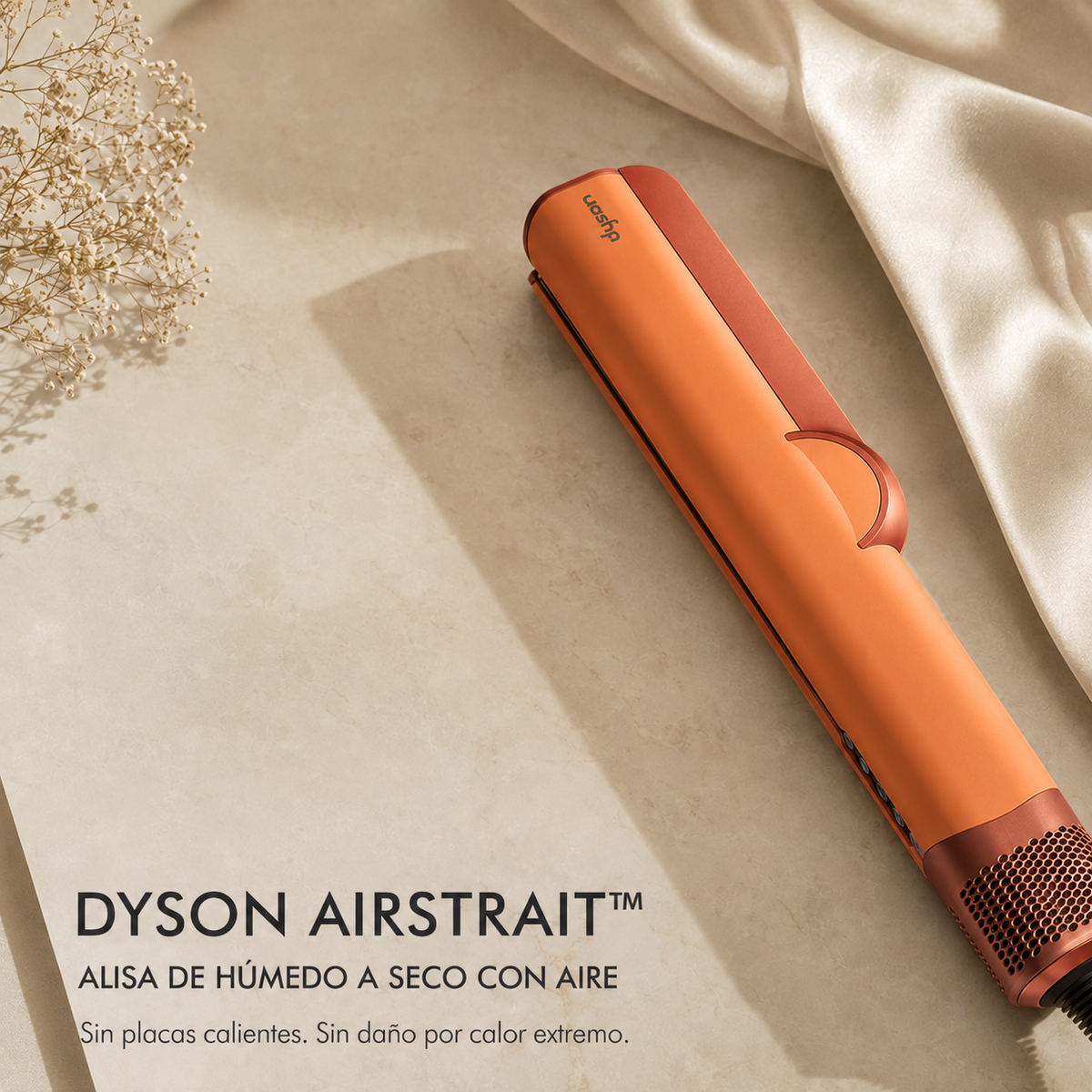 Dyson  Airstrait Secadora y Alisadora Ceramic ApricotTopaz en fondo claro, muestra diseño innovador y elegante.