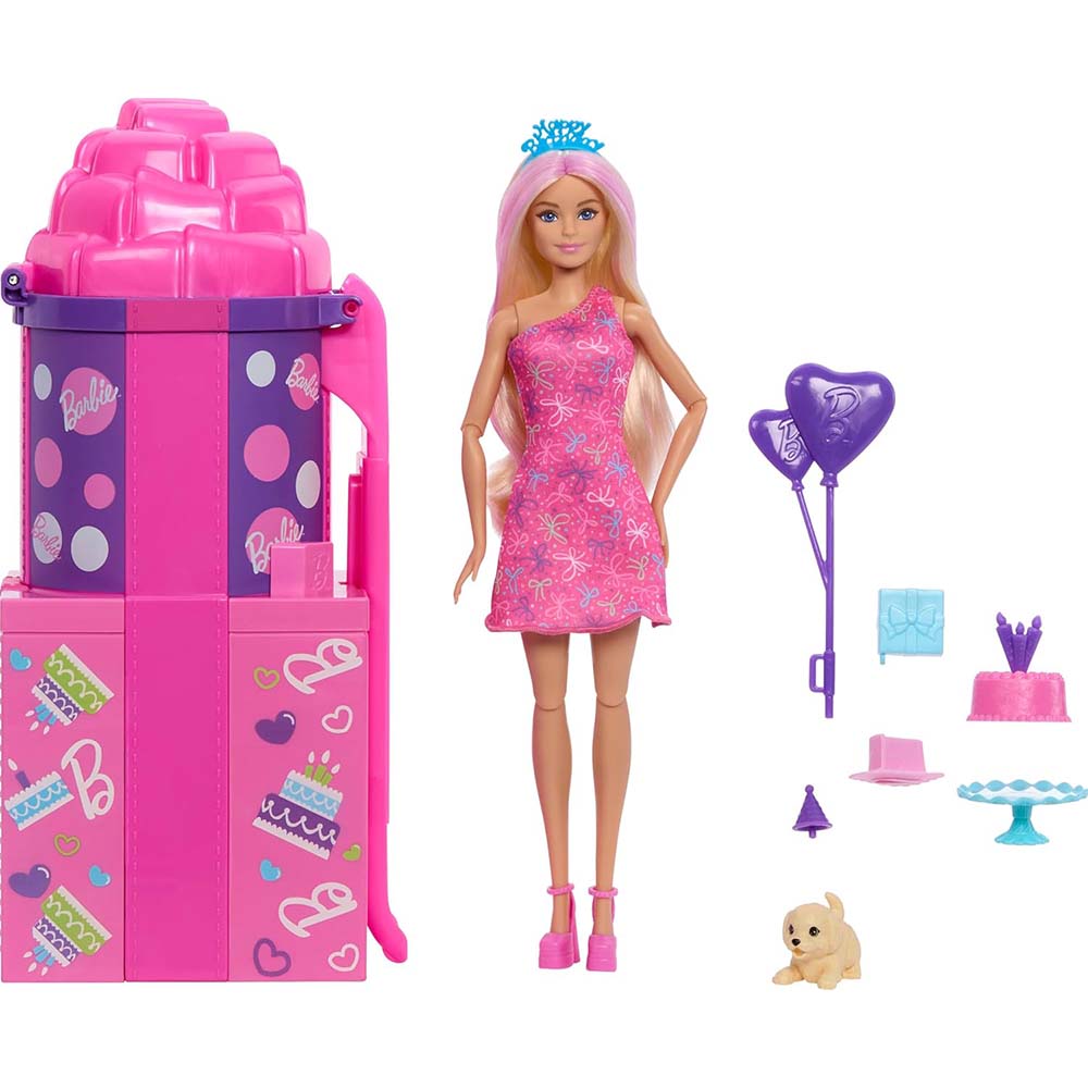 Barbie | Muñeca Party Unboxed con mascota y resbaladilla