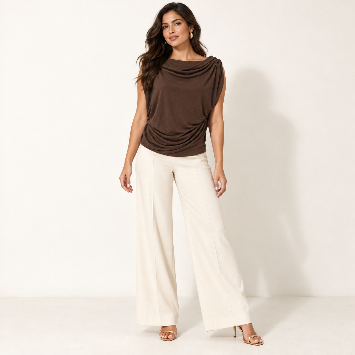 Olea | Blusa Marrón Asimétrica con Drapeado para Dama