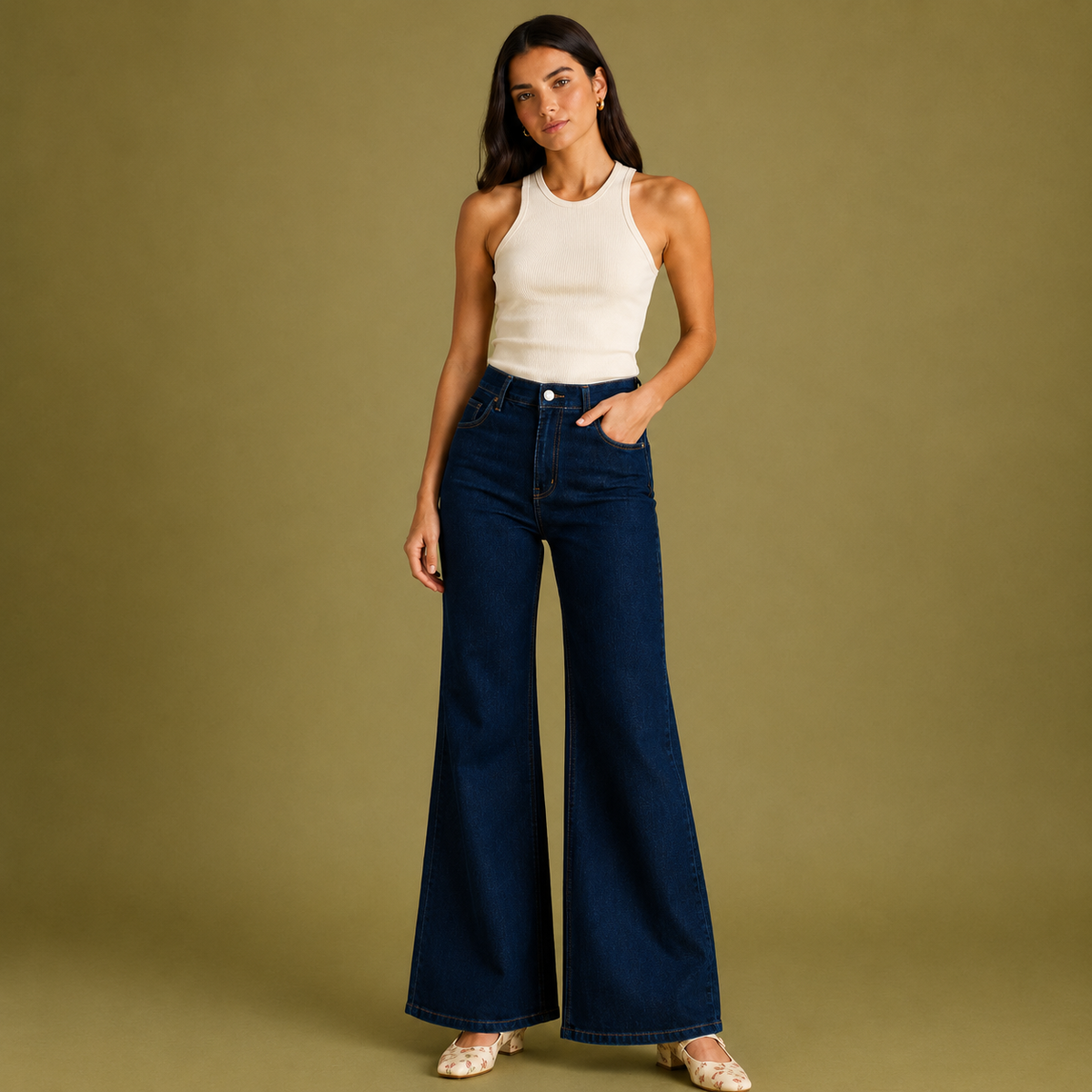 Olea | Vaqueros Denim de Tiro Alto Estilo Pierna Ancha para Dama