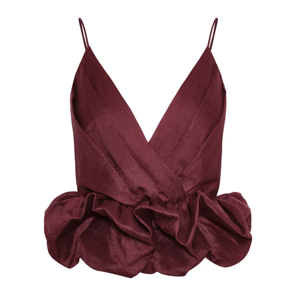 Blusa dona envolvente lino escote en V - vista lateral vinotinto volumen dona lino 100%