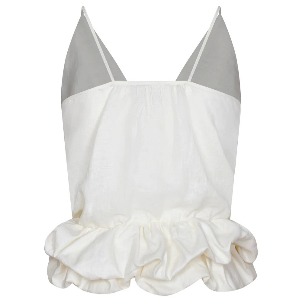 Blusa dona envolvente lino escote en V - vista lateral vainilla volumen dramático lino natural