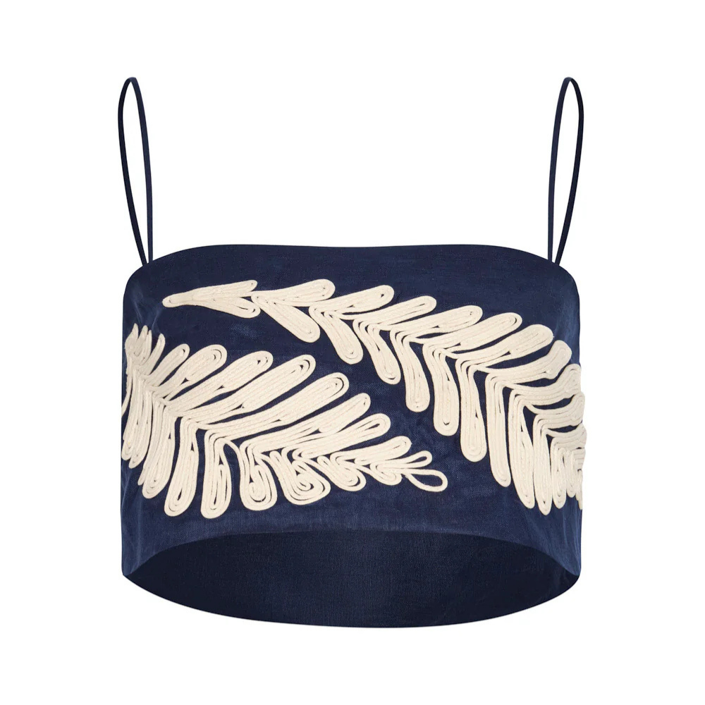 Crop Top Notre-Dame bordado floral lino - vista frontal coffee tirantes delgados bordado crema relieve