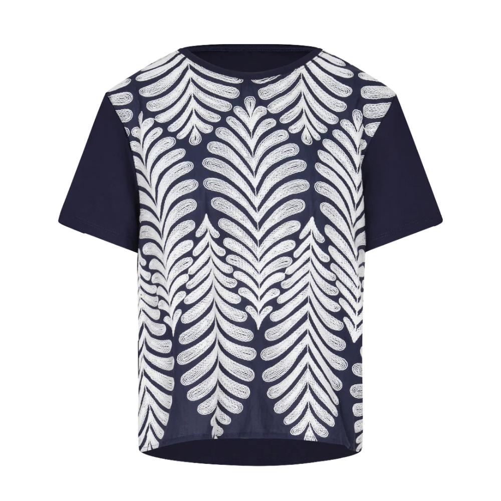 Blusa Amazonia bordado botánico cordoncillo marfil - vista frontal navy cuello redondo manga corta