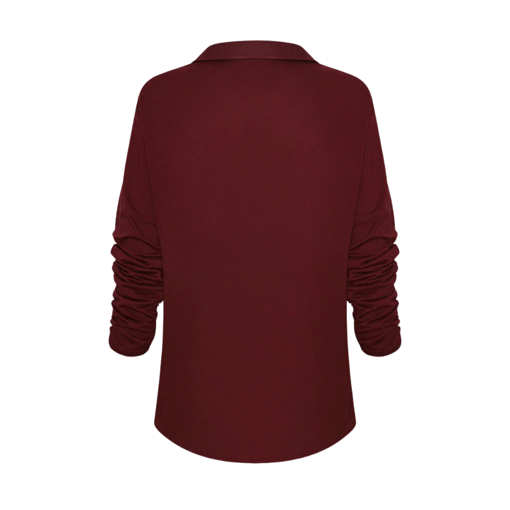 Blusa New Provenza mix lino algodón manga fruncida - detalle manga larga fruncida puño algodón vinotinto