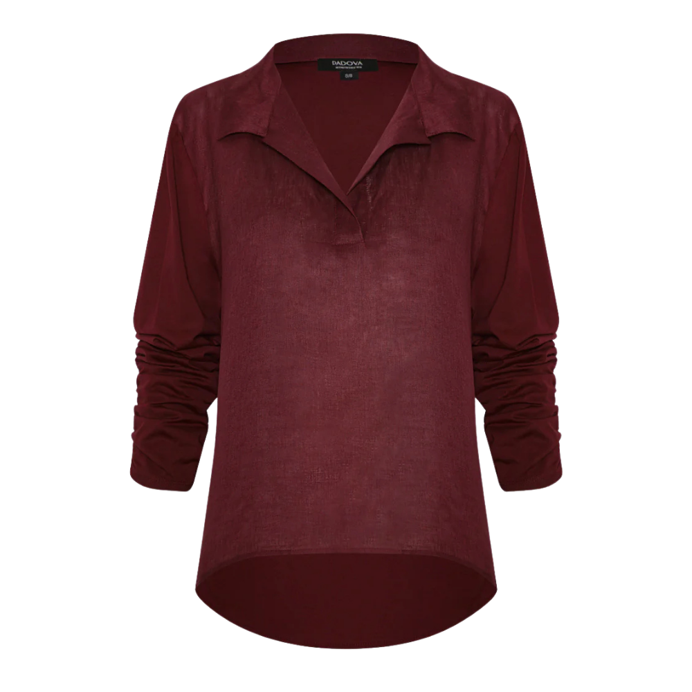 Blusa New Provenza mix lino algodón manga fruncida - vista frontal vinotinto cuello camisero escote V