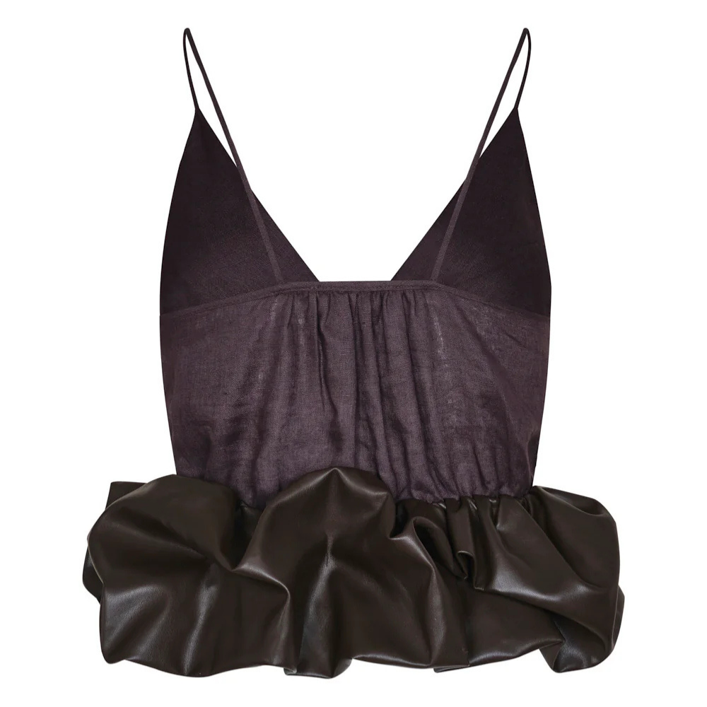 Blusa Sintra lino dona cuerina escote en V - detalle dona cuerina volumen dramático contraste lino
