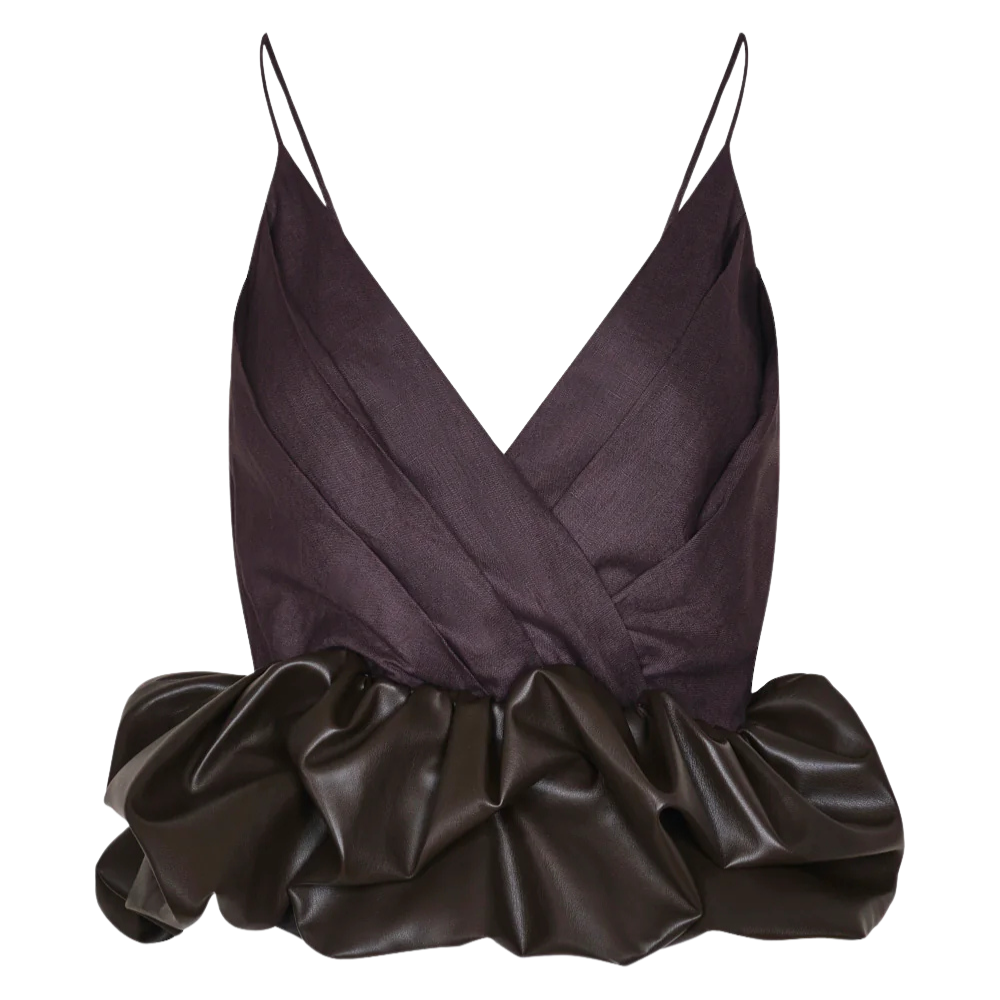 Blusa Sintra lino dona cuerina escote en V - vista frontal brown tirantes finos dona envolvente cintura
