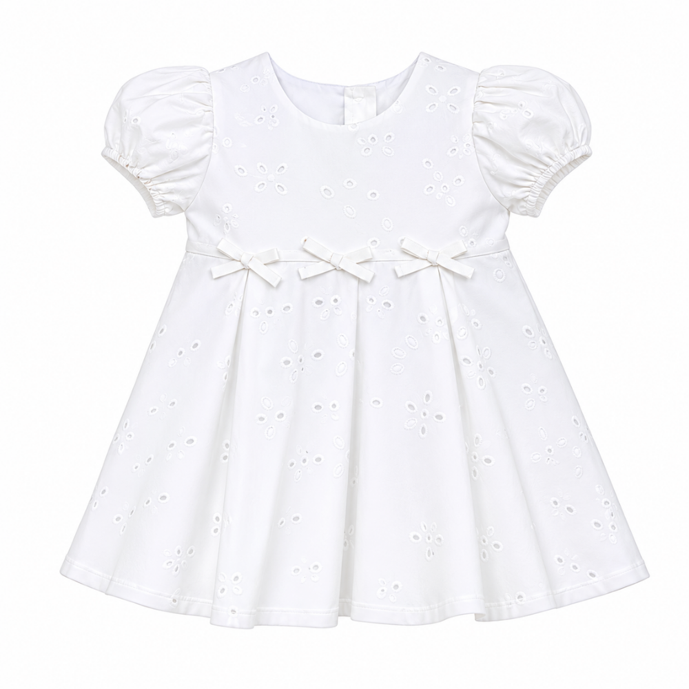 Chaticos | Vestido Blanco Bordado con Mangas Abullonadas para Niña Bebé
