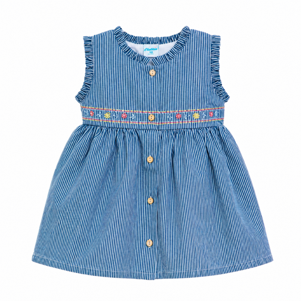 Chaticos | Vestido a Rayas con Bordado y Botones Frontales para Niña Bebé