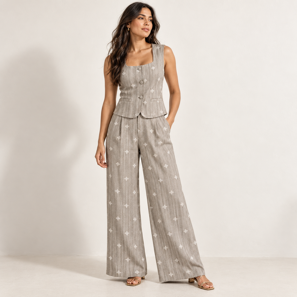 Olea Pantalón ancho gris a rayas con bordado floral