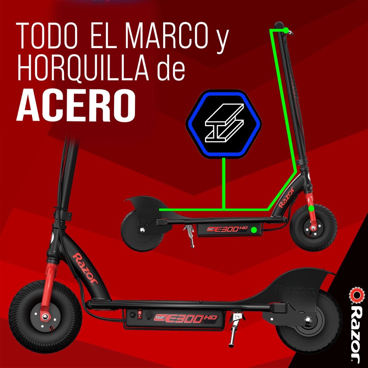 Razor E300 HD, Scooter Eléctrico, Negro