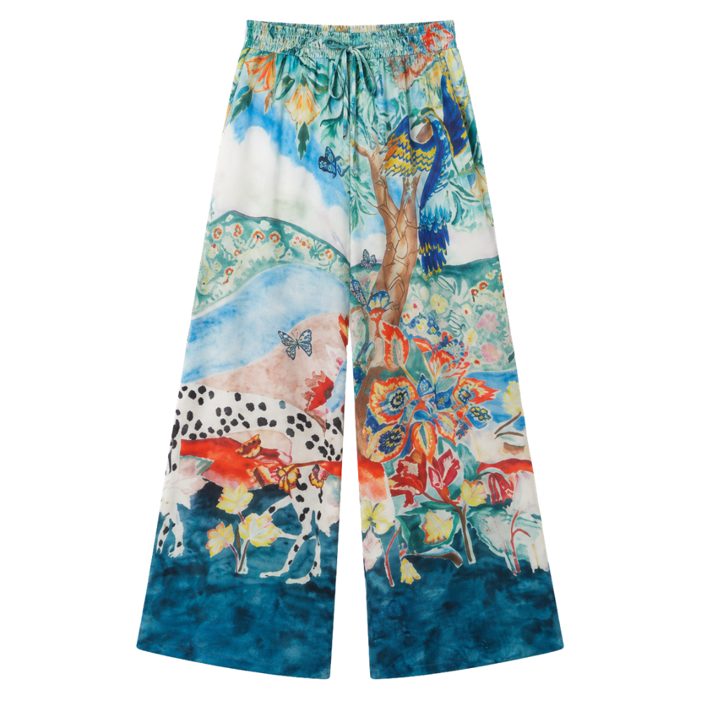 Olea | Pantalón Palazzo Satinado con Estampado Tropical para Dama