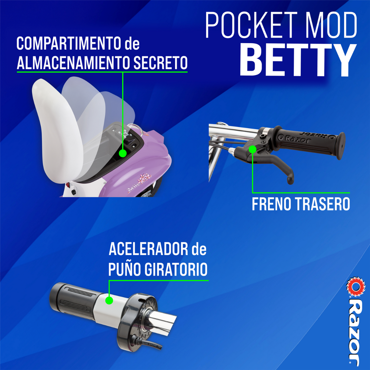 Razor Pocket Mod, Scooter Eléctrico, Estilo Europeo, Lila Betty