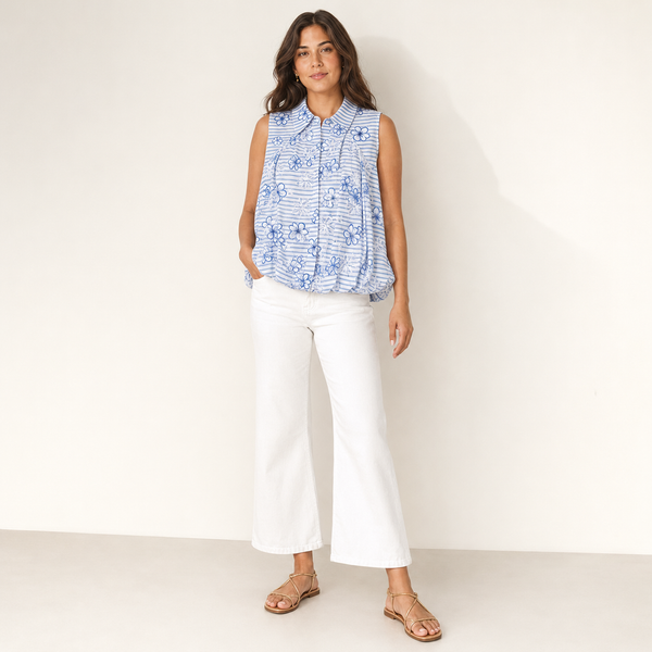 Blusa Camisera Estilo Globo con Rayas y Bordado para Dama