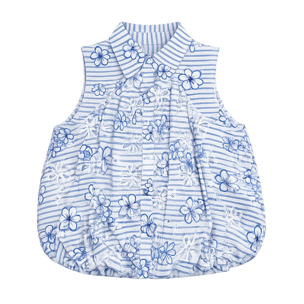 Blusa Camisera Estilo Globo con Rayas y Bordado para Dama