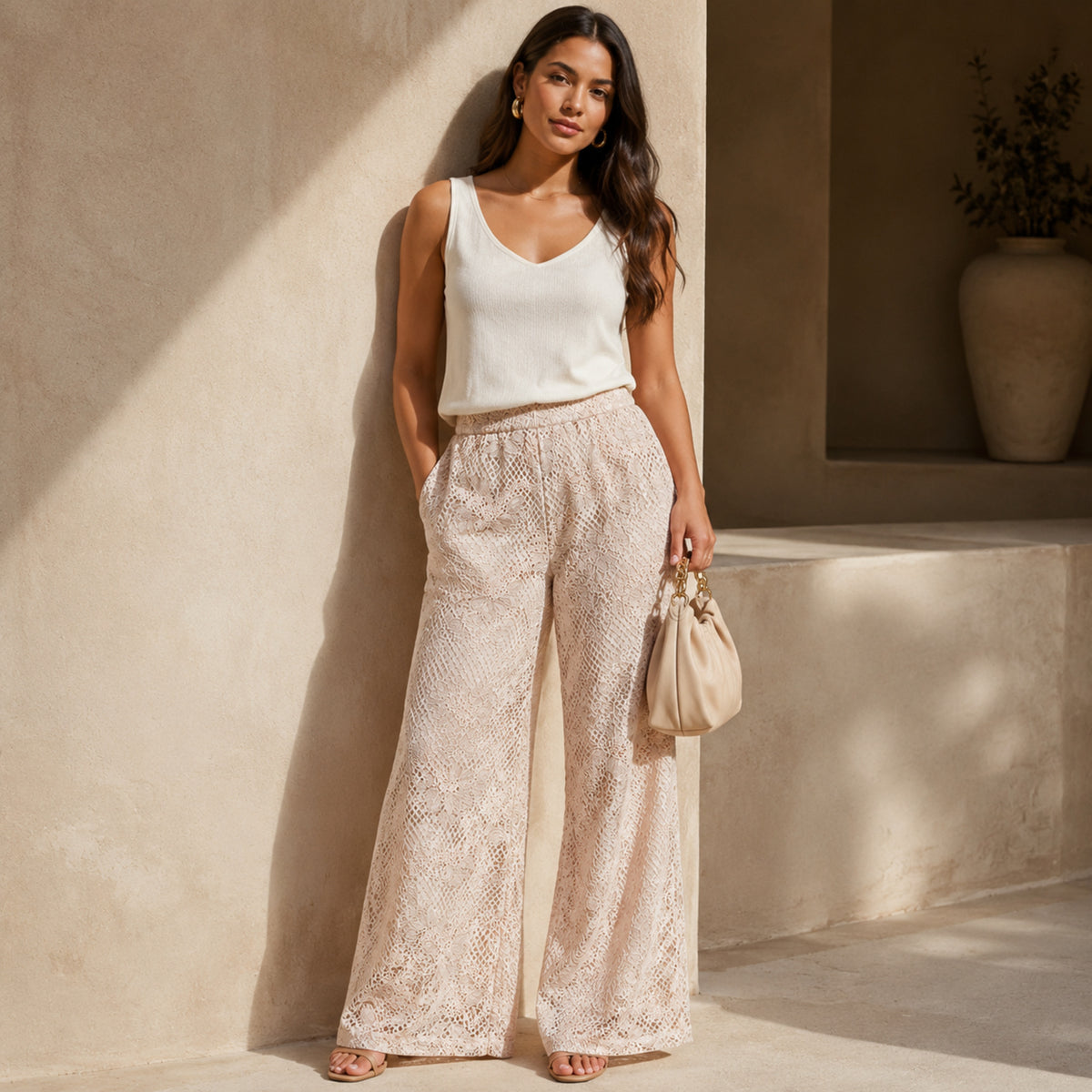 Olea | Conjunto de Encaje con Pantalón de Pierna Amplia