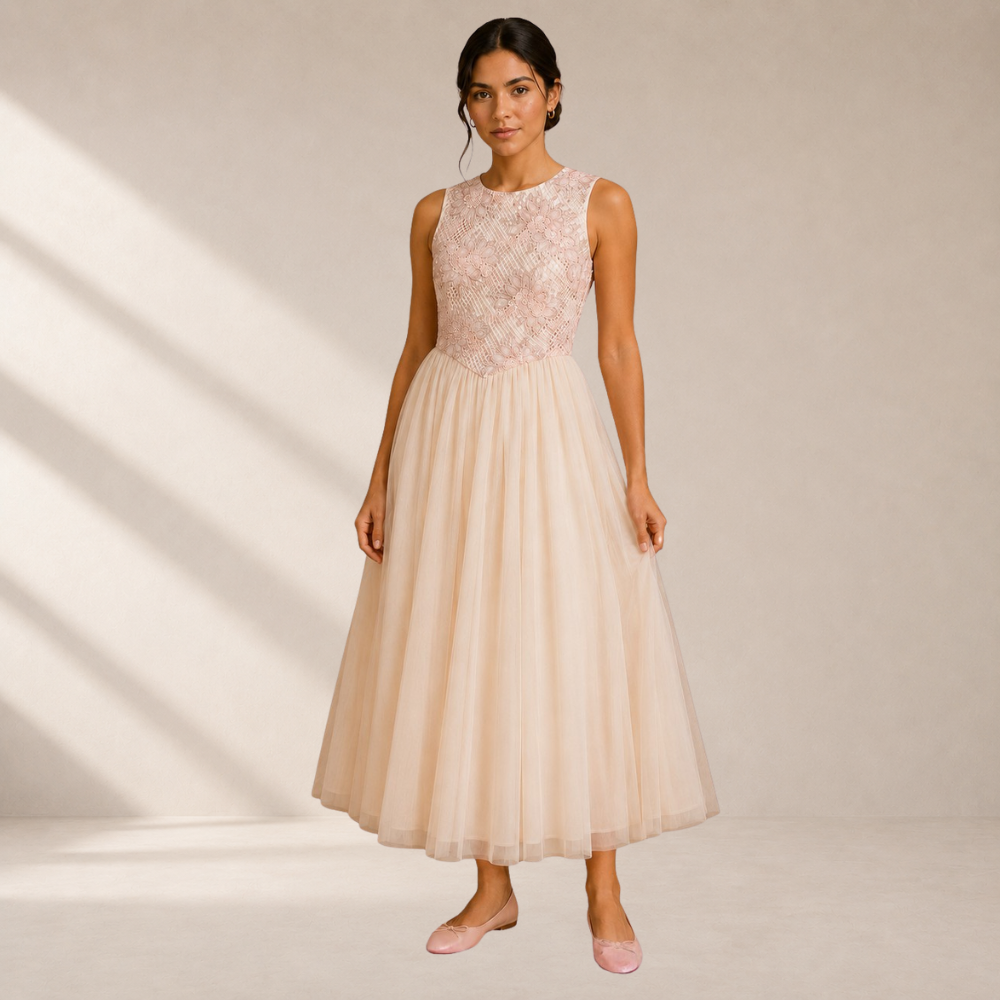 Olea | Vestido de Encaje Floral y Falda de Tul para Dama