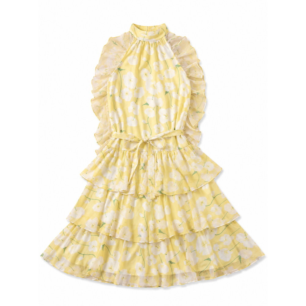 olea-vestido-corto-gasa-cuello-halter-volantes-capas-lazo-cintura-estampado-floral-amarillo