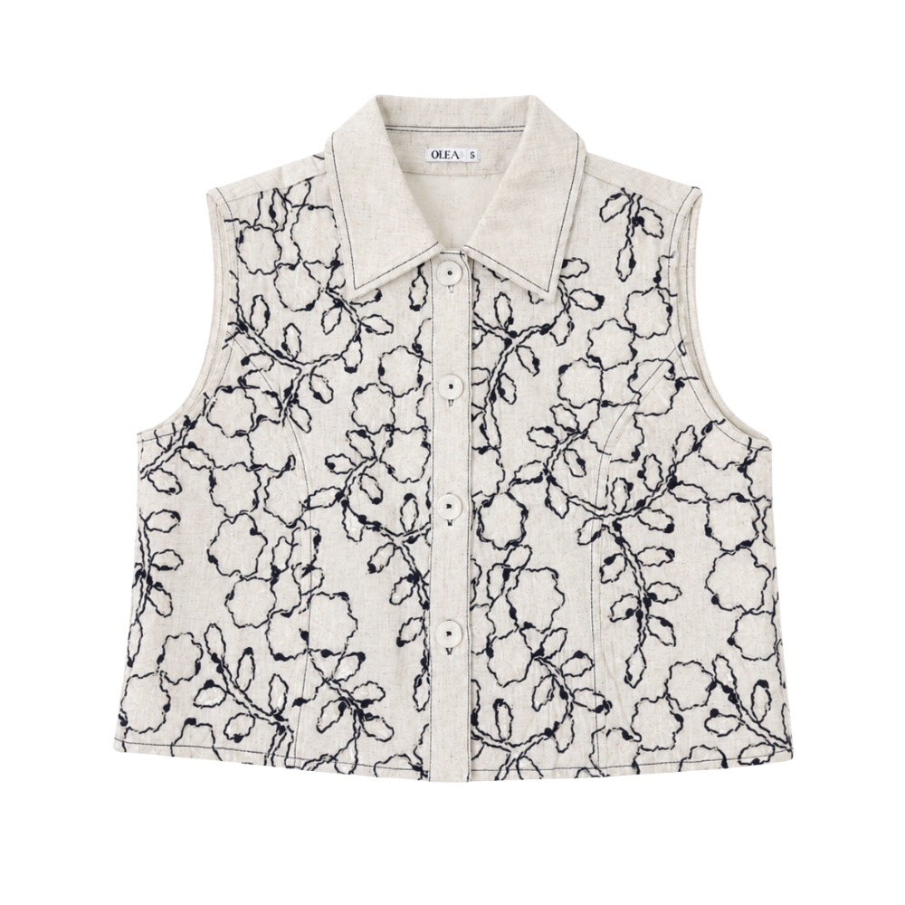 olea-chaleco-camisero-corto-sin-mangas-lino-rustico-crudo-botones-bordado-botanico-contraste