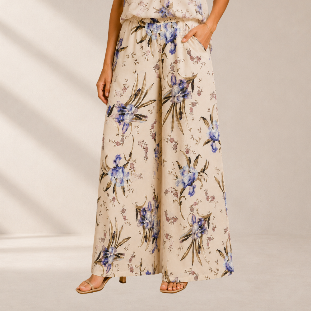 Olea | Pantalón Palazzo de Satén Ligero con Estampado para Dama