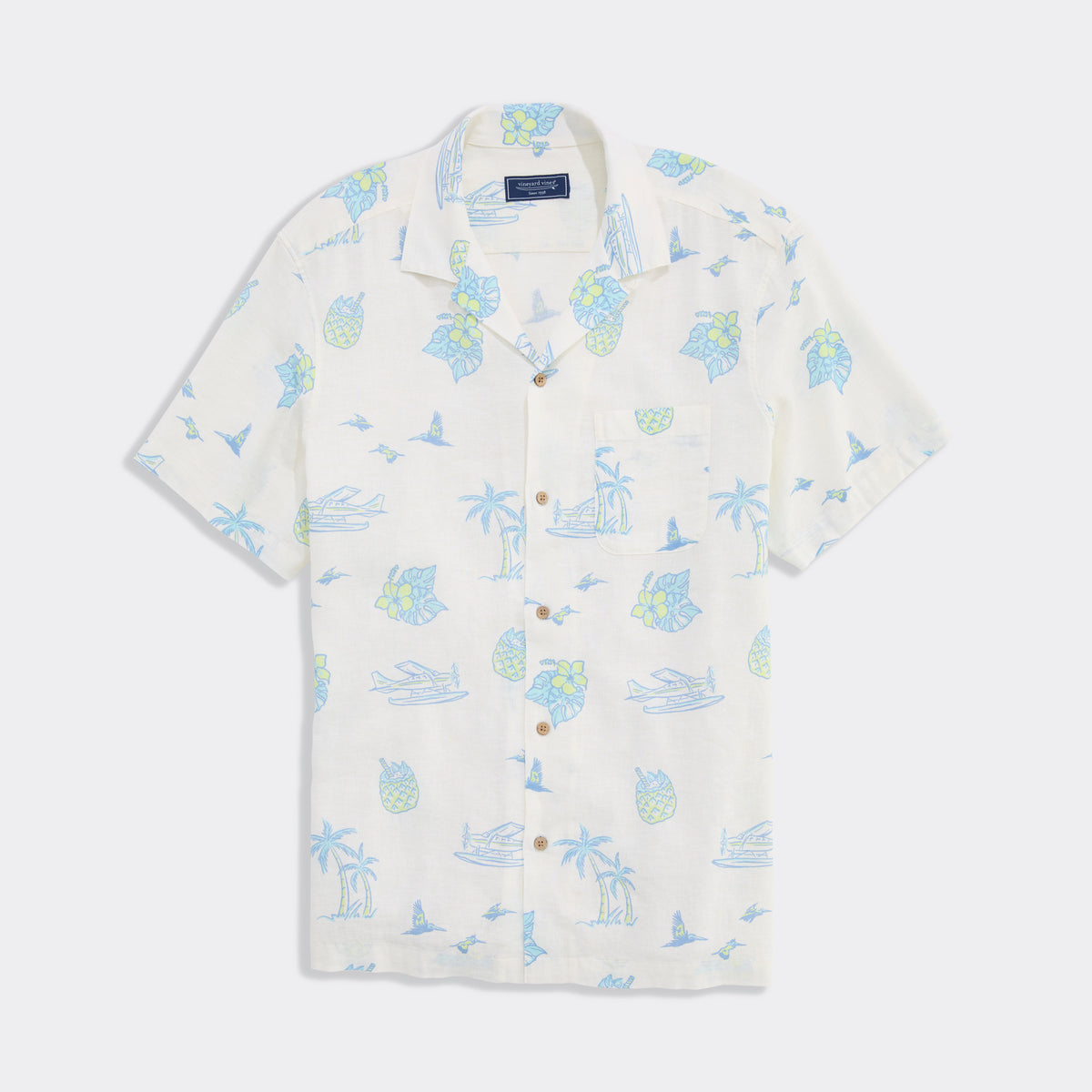 Vineyard Vines | Camisa de manga corta Tropical Airways Linen Blend Cabana para hombre