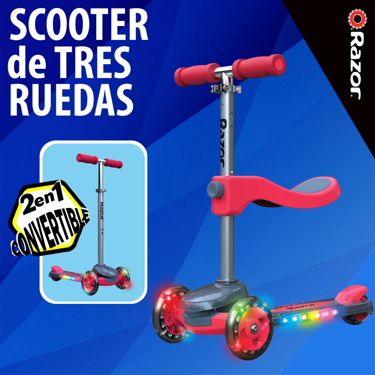 Razor Rollie DLX, Scooter Iluminado de 3 Ruedas, Rojo