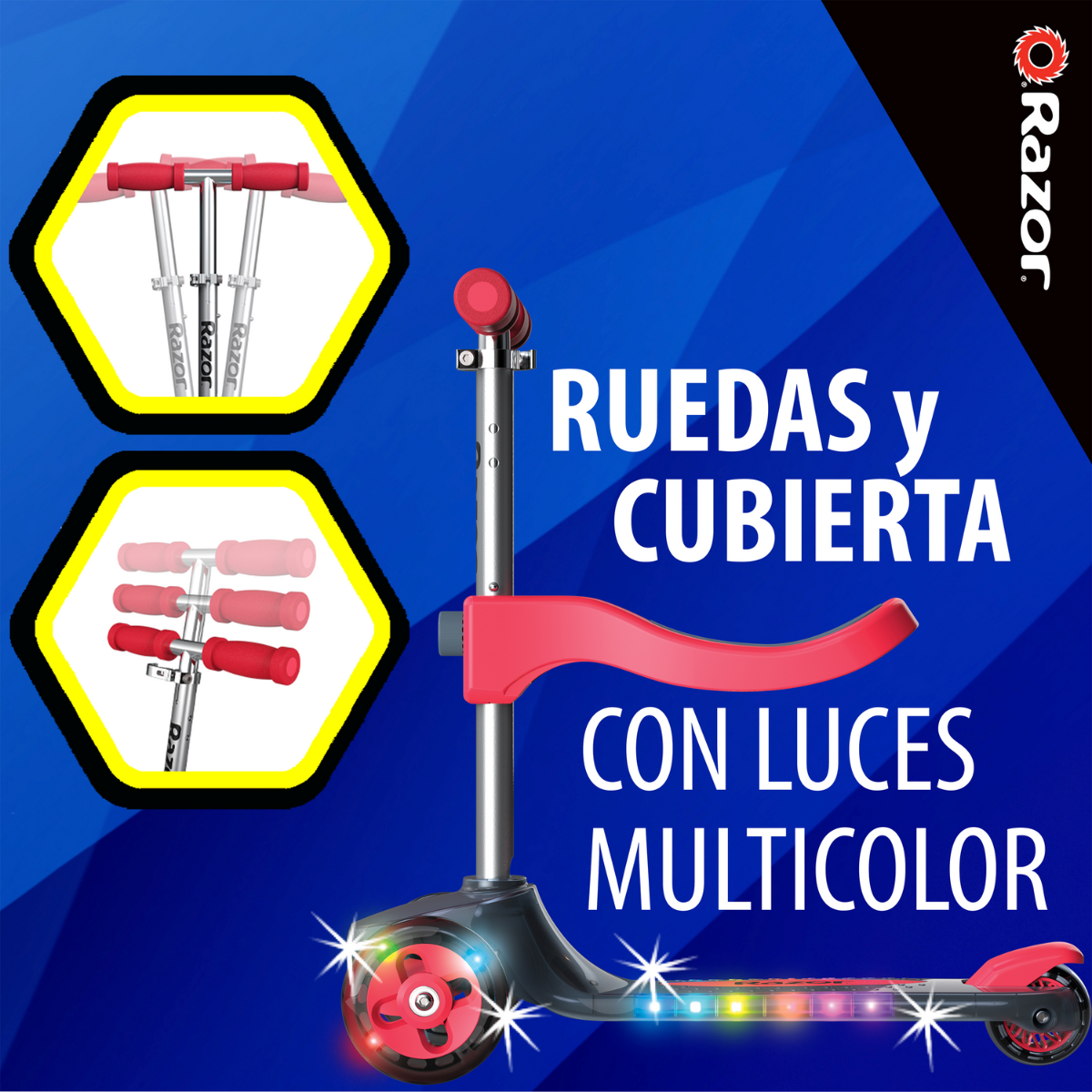 Razor Rollie DLX, Scooter Iluminado de 3 Ruedas, Rojo