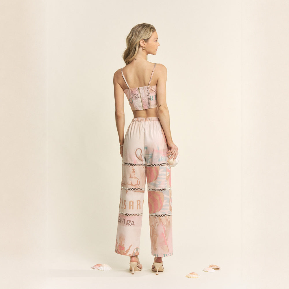 Conjunto de Top Bordado y Pantalón con Bordes Festoneados para Dama