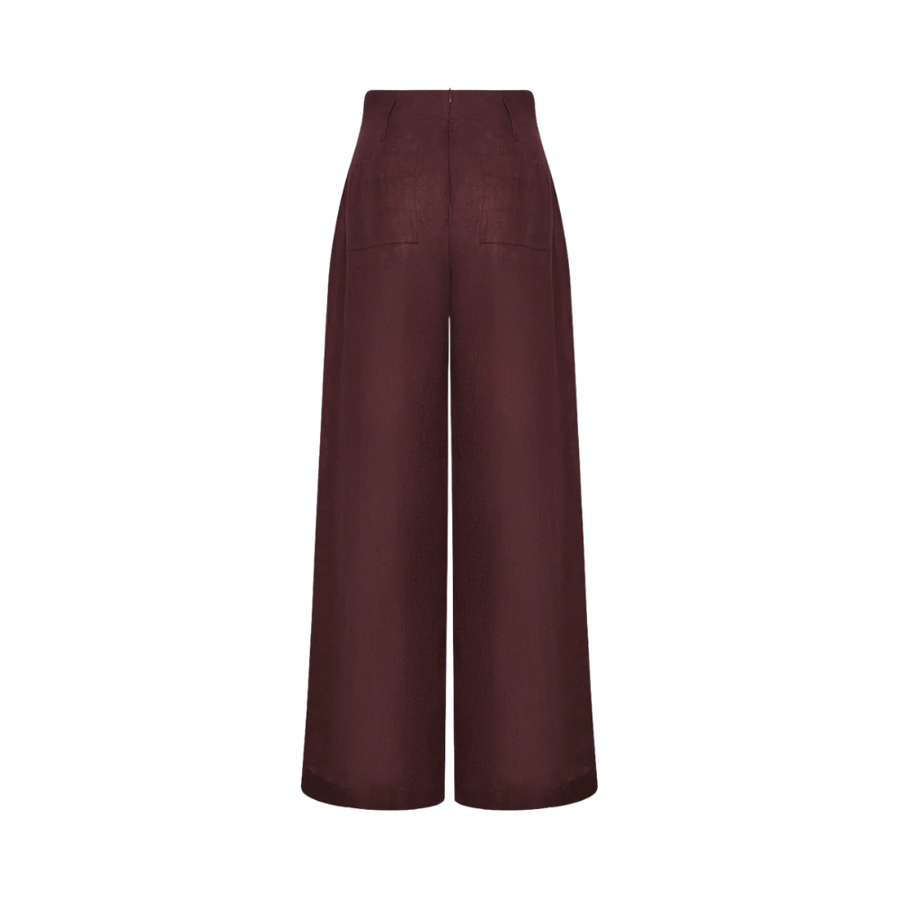 Pantalón Ivy lino recto pretina ancha uva - vista frontal corte recto cintura definida fit amplio