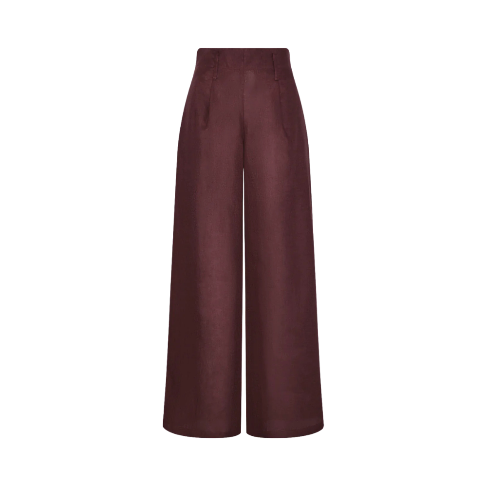 Pantalón Ivy lino recto pretina ancha uva - detalle pretina ancha lino 100% color uva caída fluida