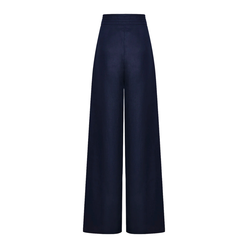 Pantalón Burgos wide leg lino navy - detalle pretina bordada artesanal lino 100% azul navy