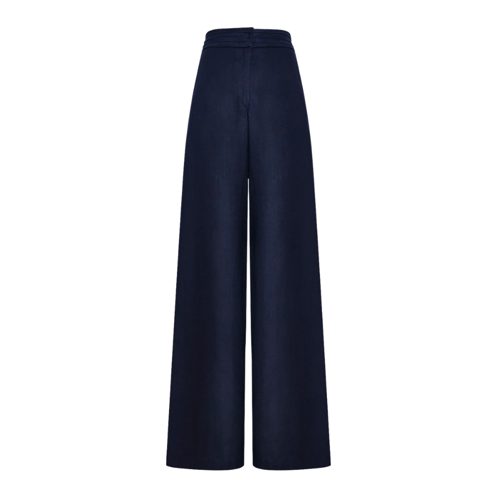 Pantalón Burgos wide leg lino navy - vista frontal tiro alto pretina bordada pierna amplia cintura