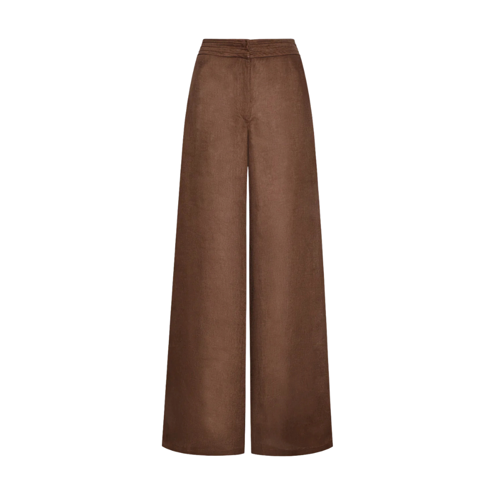 Pantalón wide leg lino tiro alto pretina bordada - vista frontal coffee pierna amplia cintura ajustada