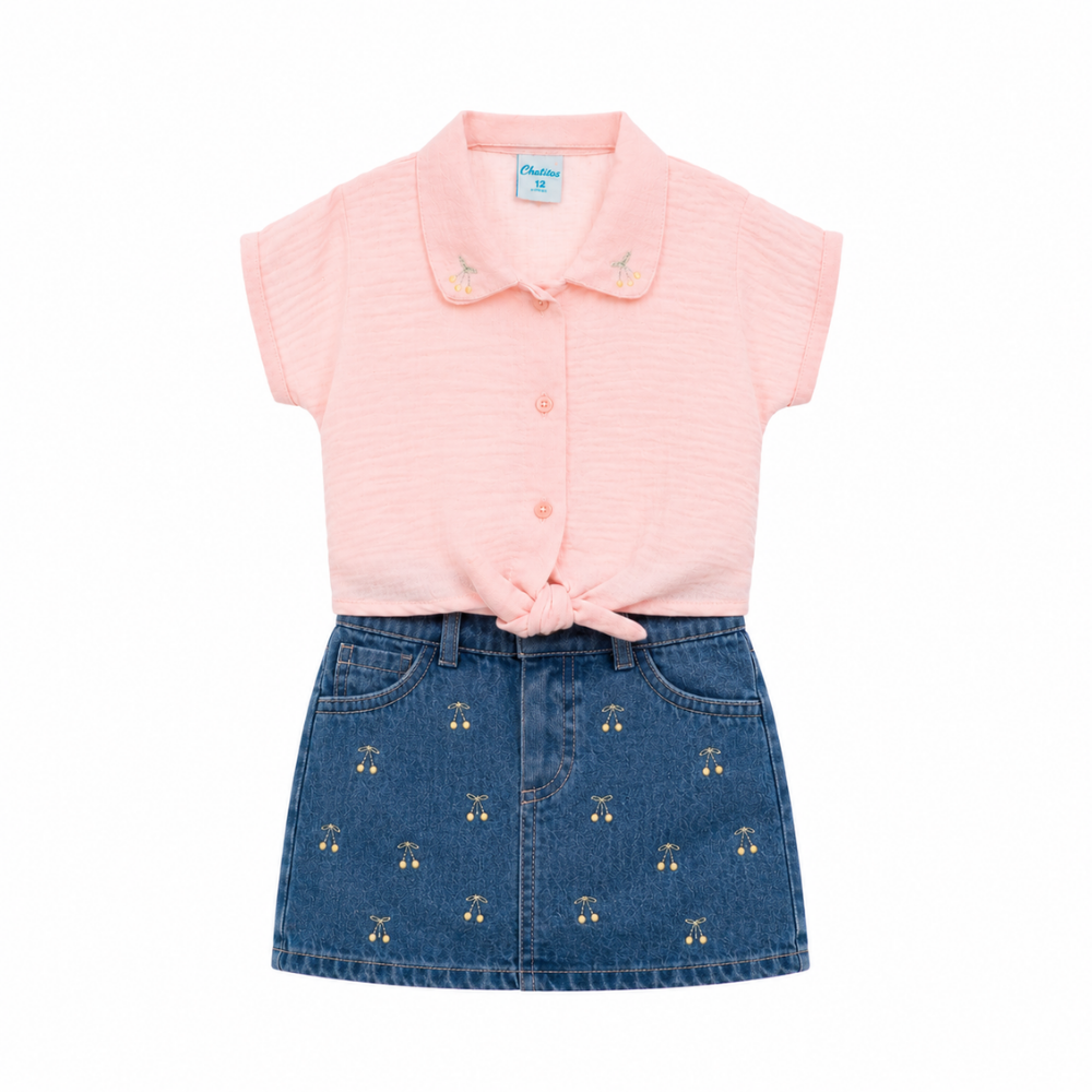Chaticos | Conjunto Infantil Blusa con Falda Denim Bordada para Niña