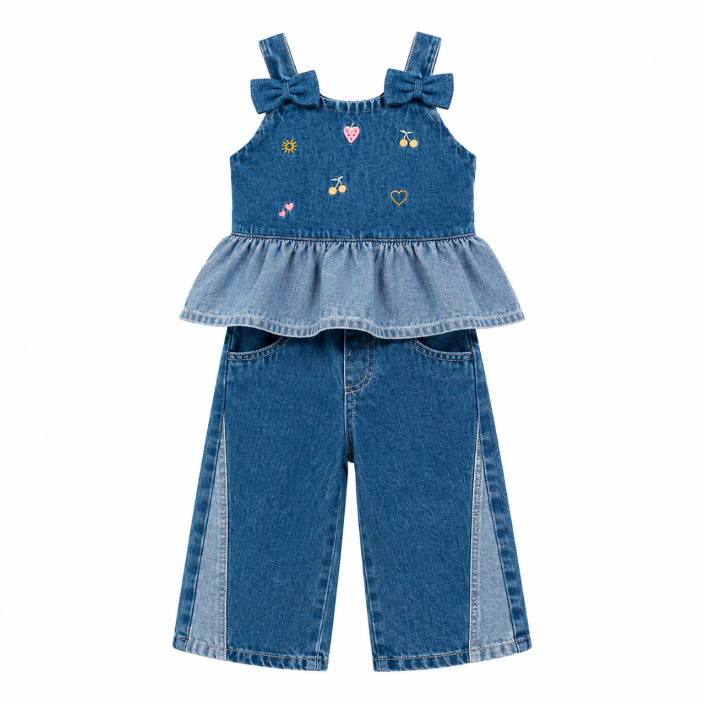 Chaticos | Conjunto Denim con Top Bordado y Pantalón Amplio para Niña