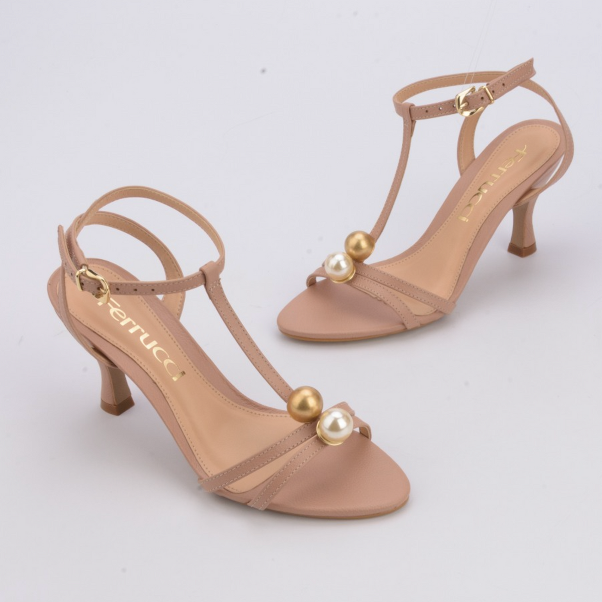 Ferrucci | Sandalia Taco Alto Fino con Perlas