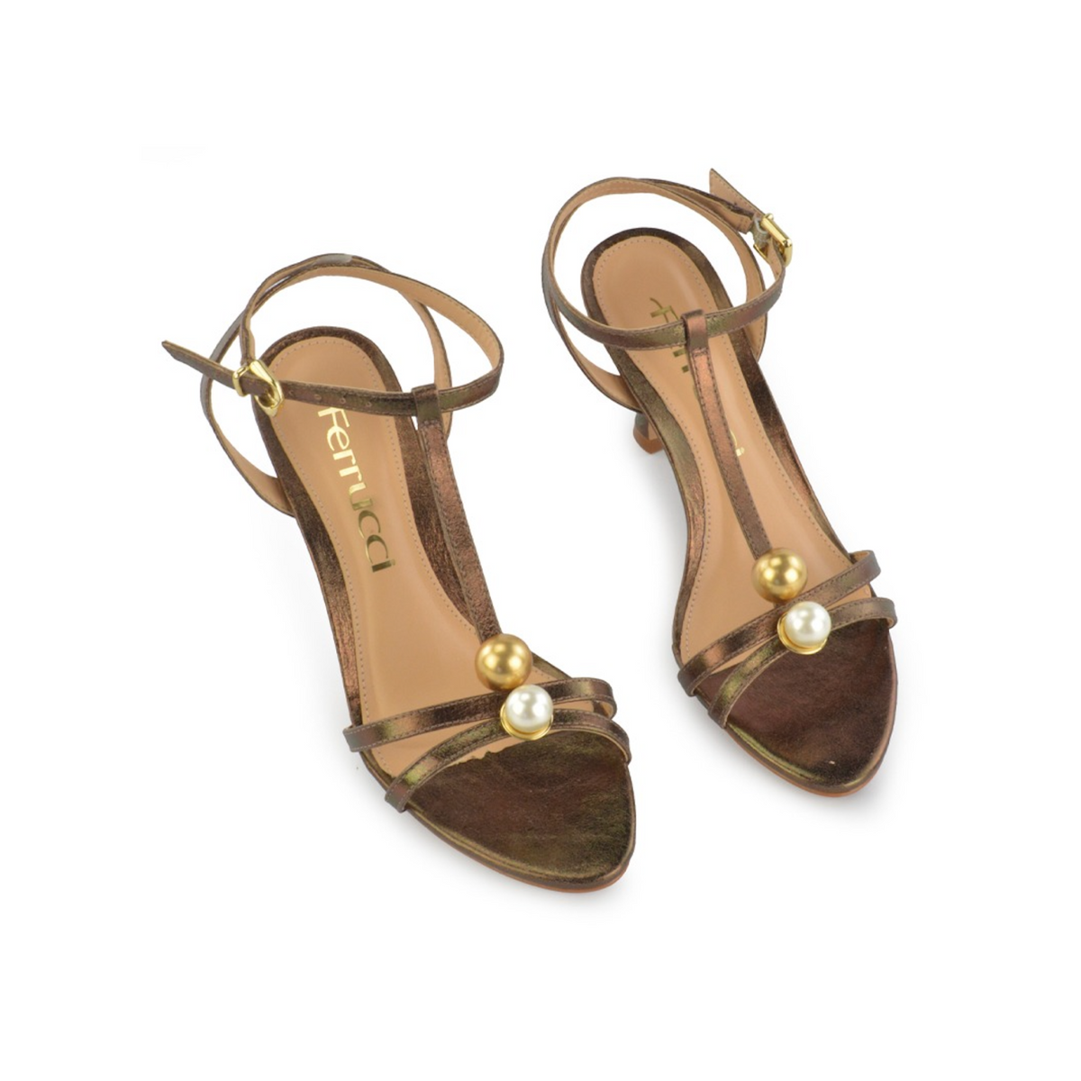 Ferrucci | Sandalia Taco Alto Fino con Perlas
