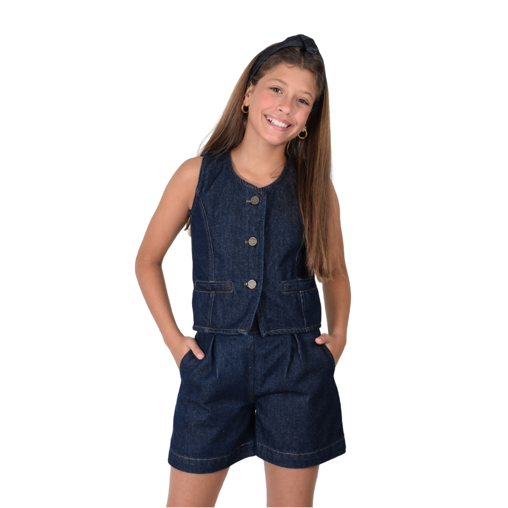 Zocca Kids | Set Denim con Chaleco y Pliegues en Frente para Niña