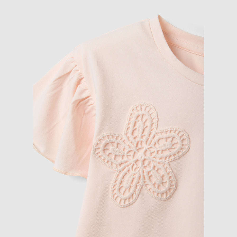OVS | Camiseta rosa de algodón elástico con bordado floral para niña
