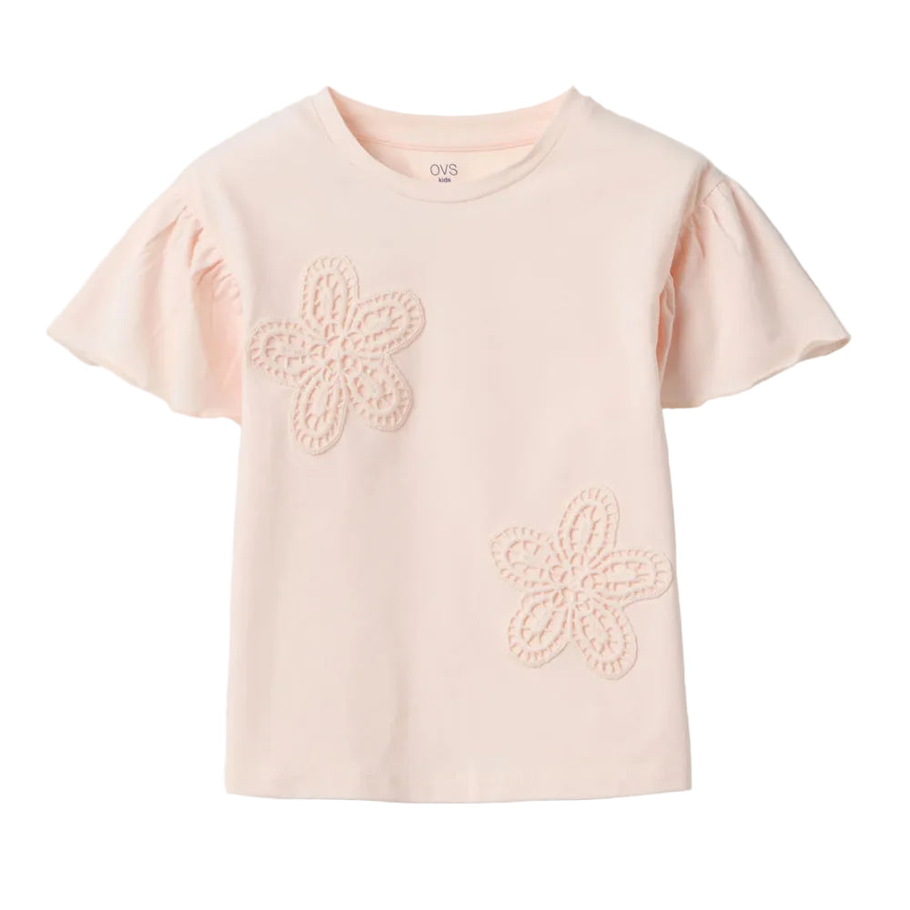 OVS | Camiseta rosa de algodón elástico con bordado floral para niña