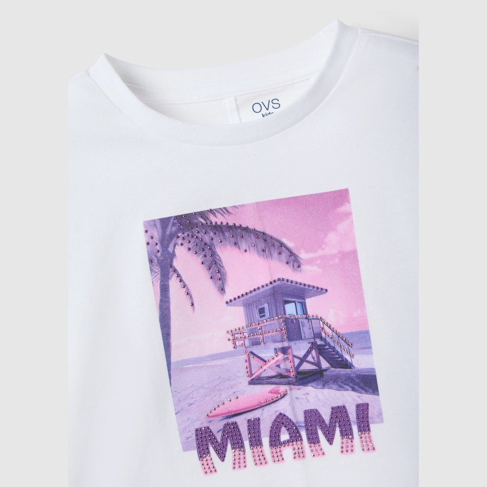 OVS | Camiseta blanca de algodón puro con estampado para niña