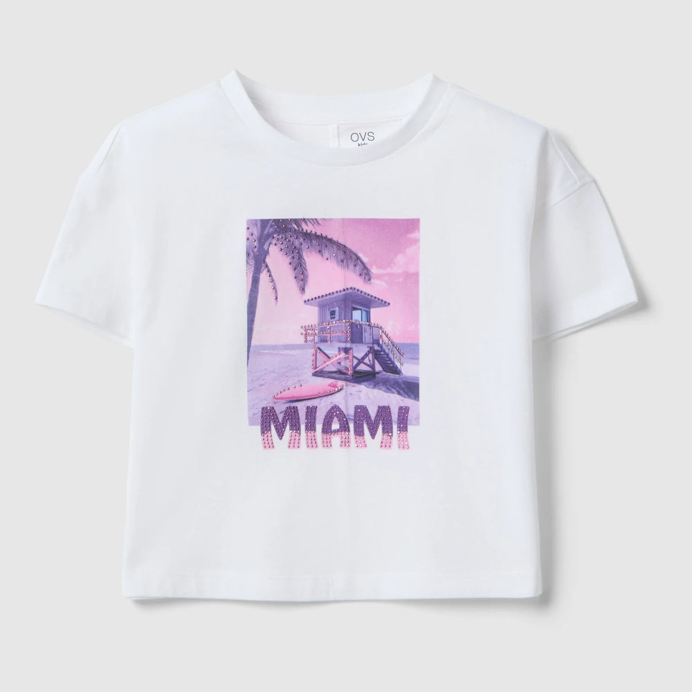 OVS | Camiseta blanca de algodón puro con estampado para niña