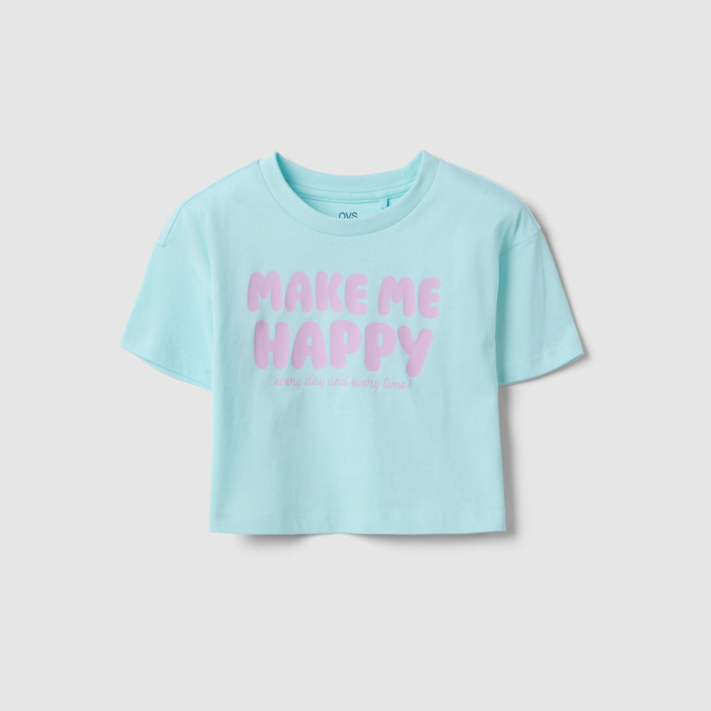 OVS | Camiseta Azul de Algodón Puro de Corte Boxy con Estampado para Niña